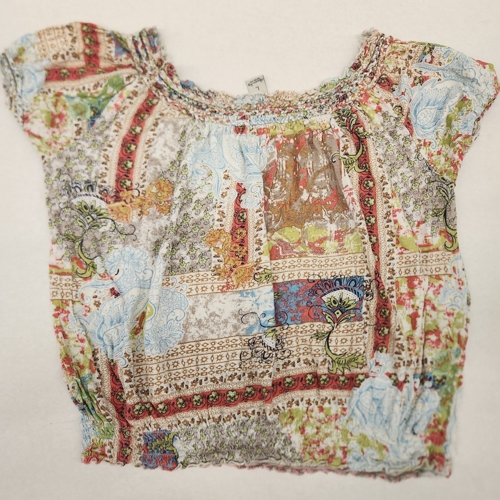 Y2k American Rag L Floral Print Off Shoulder Smocked Waist Boho Blouse Top - Picture 6 of 9
